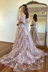 Elegant Off-the-Shoulder Pink Floral Corset Prom Dress with A-Line Silhouette and Sweep Train