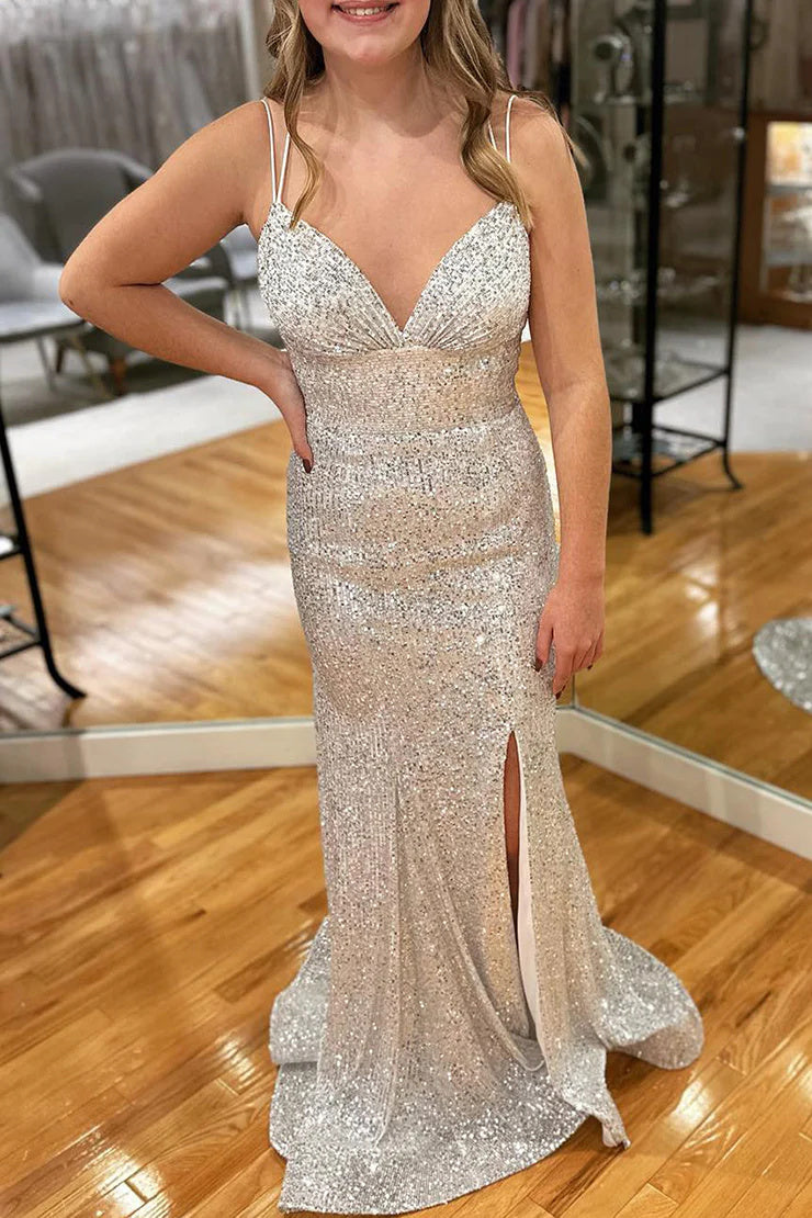 Orange Sequins Long Prom Dress with Mermaid Spaghetti Straps and Front Split