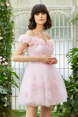 Pink Off the Shoulder Corset Homecoming Dress/Mini Dress With Flowers