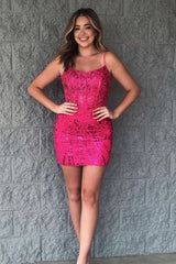 Sparkly Fuchsia Sequined Corset Tight Short Homecoming Dress/Mini Dress