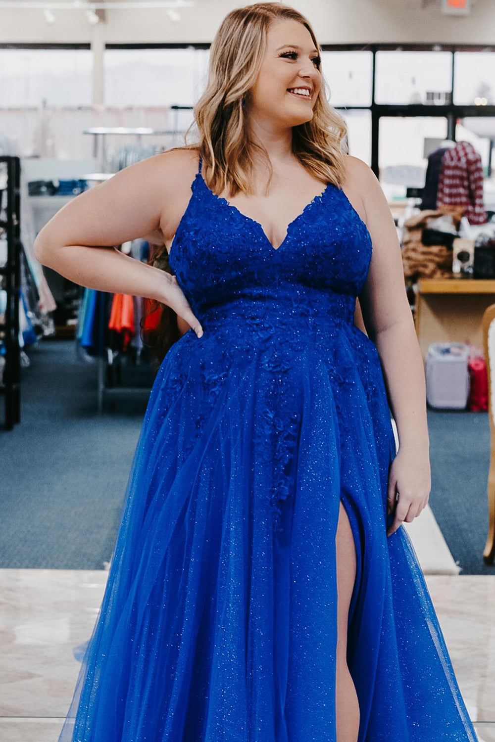 Royal Blue Plus Size A-Line Prom Dress with Spaghetti Straps and Appliques