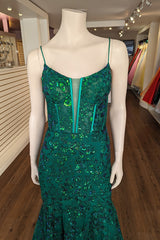 Elegant Dark Green Mermaid Prom Dress with Embroidered Spaghetti Straps