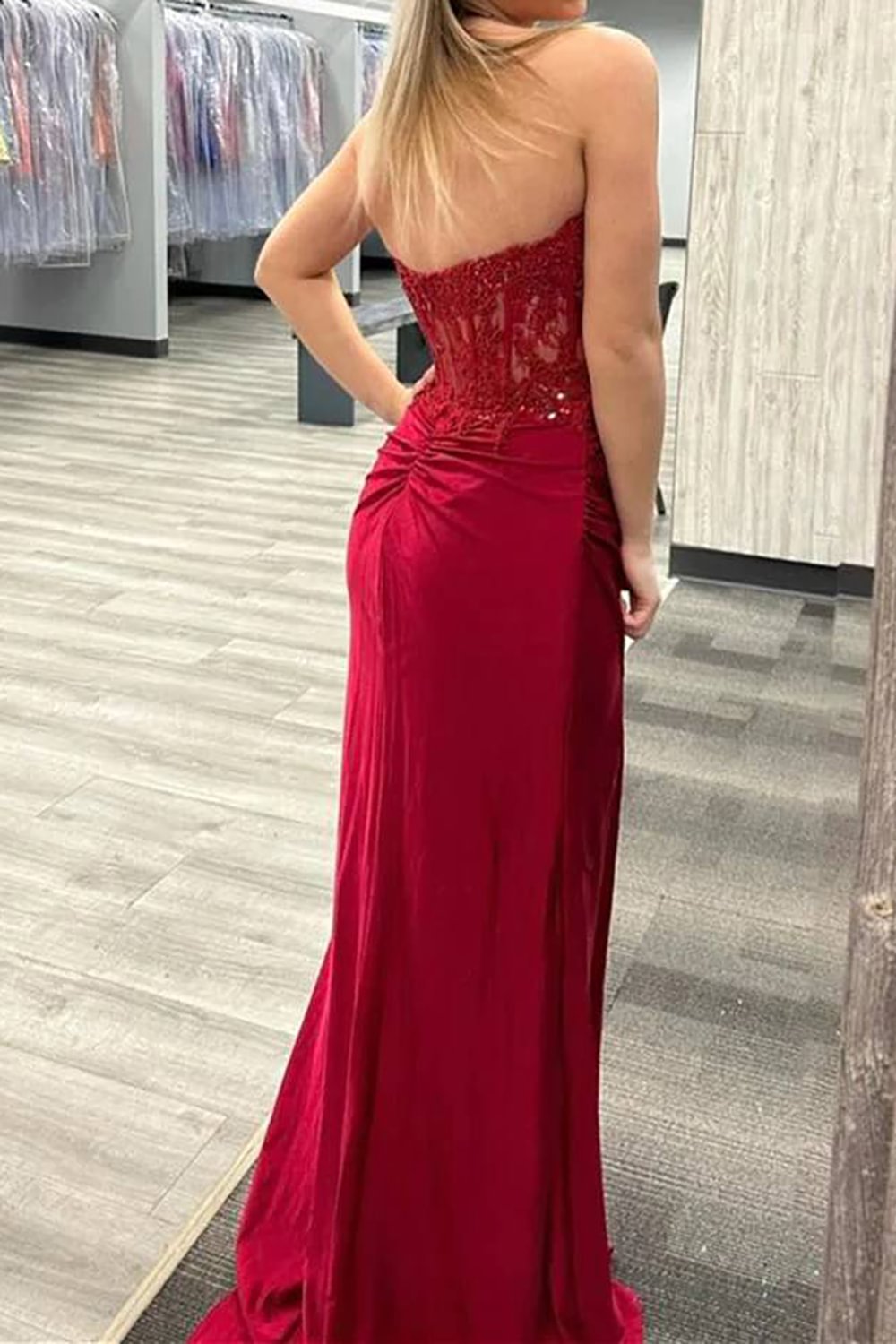 Long Prom Dress in Sparkly Hot Pink with Corset and Slit