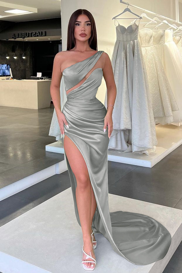 Charming Light Green One Shoulder Sleeveless Split Evening Dress With Pleated