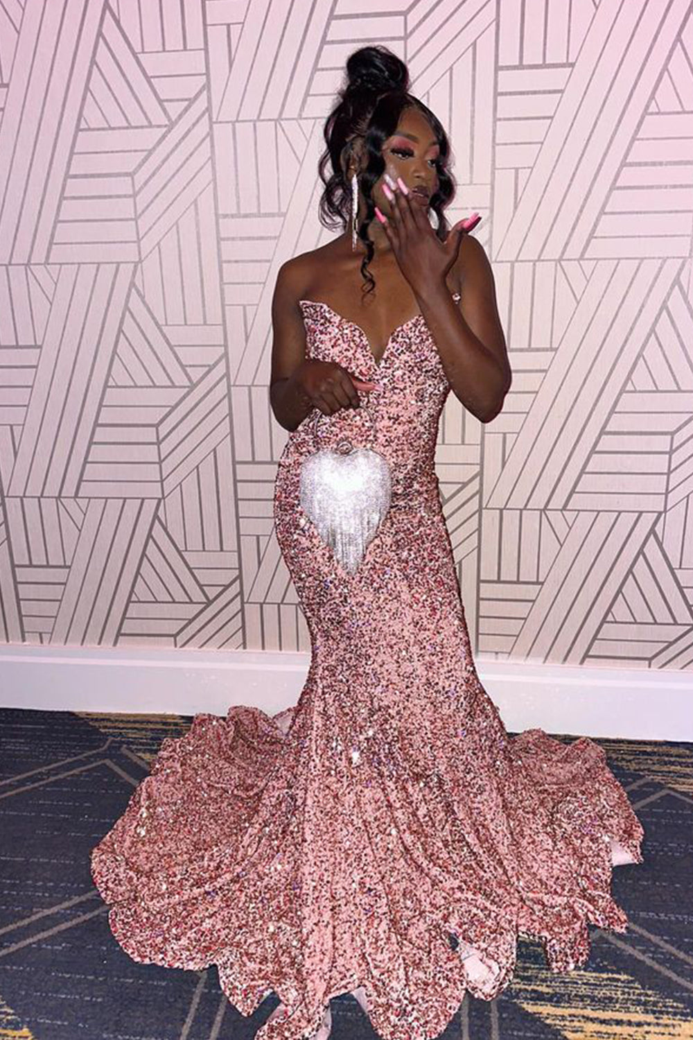 Long Pink Sequined Prom Dress with Sweetheart Mermaid Silhouette