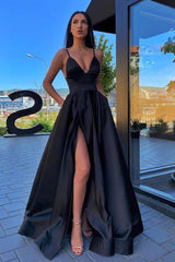 Black Long Prom Dress with Spaghetti Straps and a Slit in A-Line Style