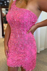 Pink One Shoulder Lace Tight Short Homecoming Dress/Mini Dress with Beading
