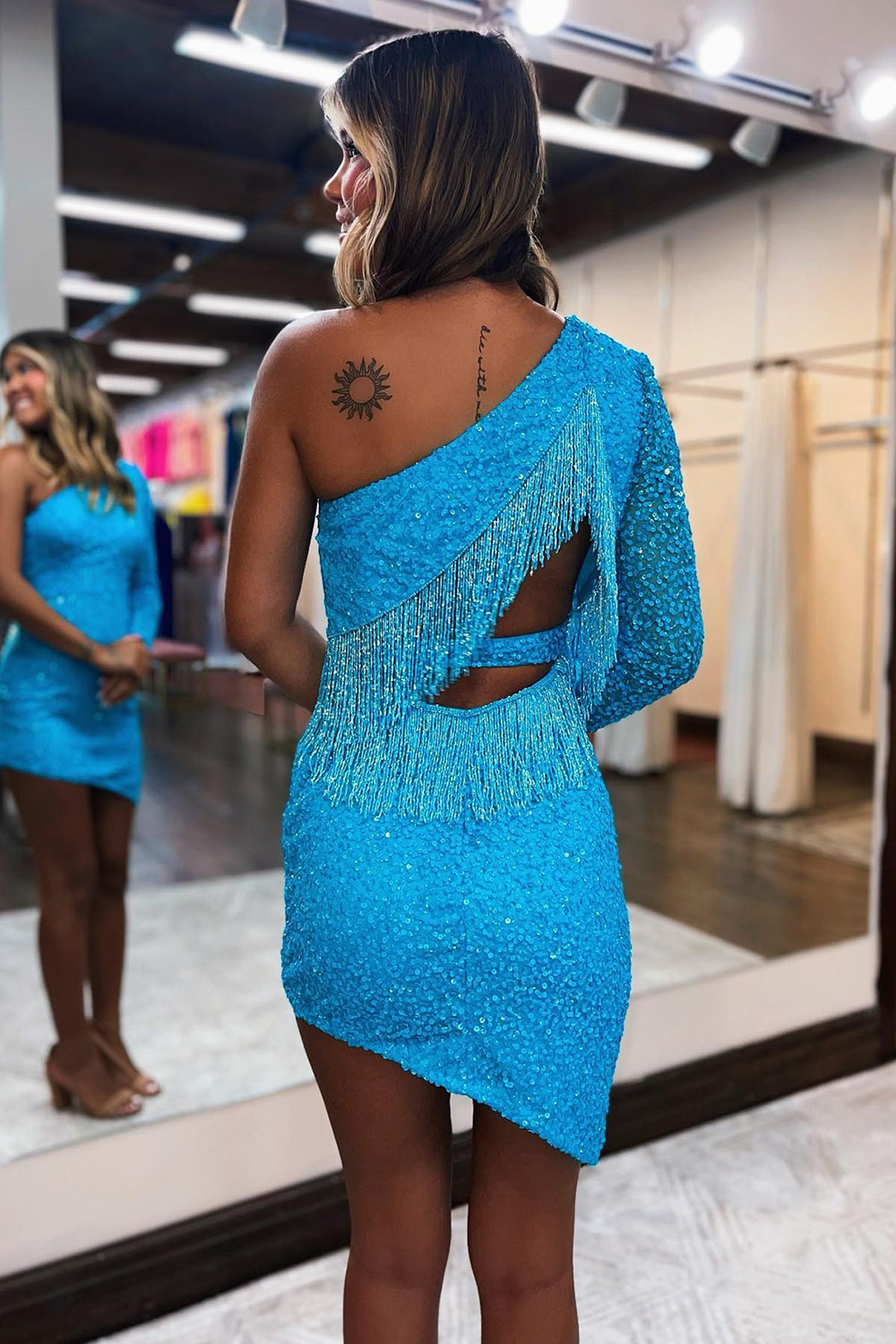 Sparkly Hot Pink One Shoulder Tight Sequins Homecoming Dress/Mini Dress with Fringes