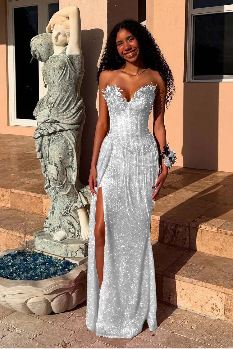 Red Strapless Sleeveless Long Mermaid Formal Dress With Sequins Split