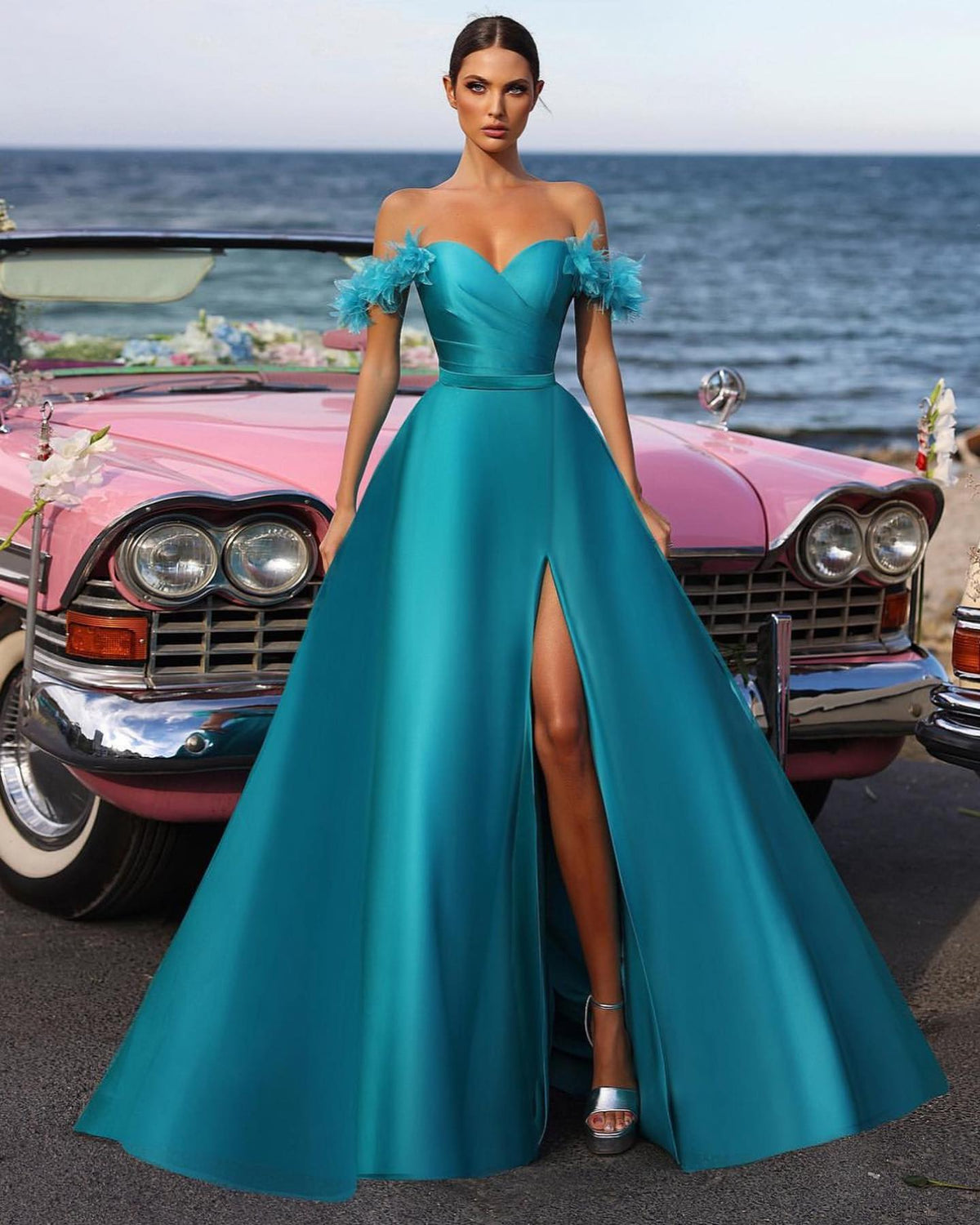 Simple Satin Off the Shoulder Sweetheart Strapless A Line Formal Dress With Split