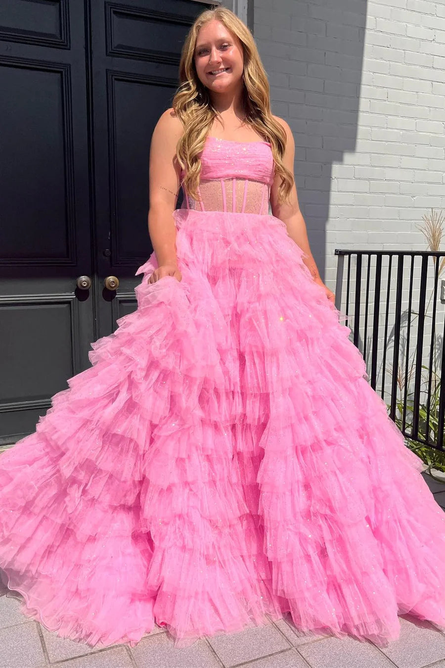 Strapless Long Prom Dress in Golden Tulle with Tiered Layers and Slit