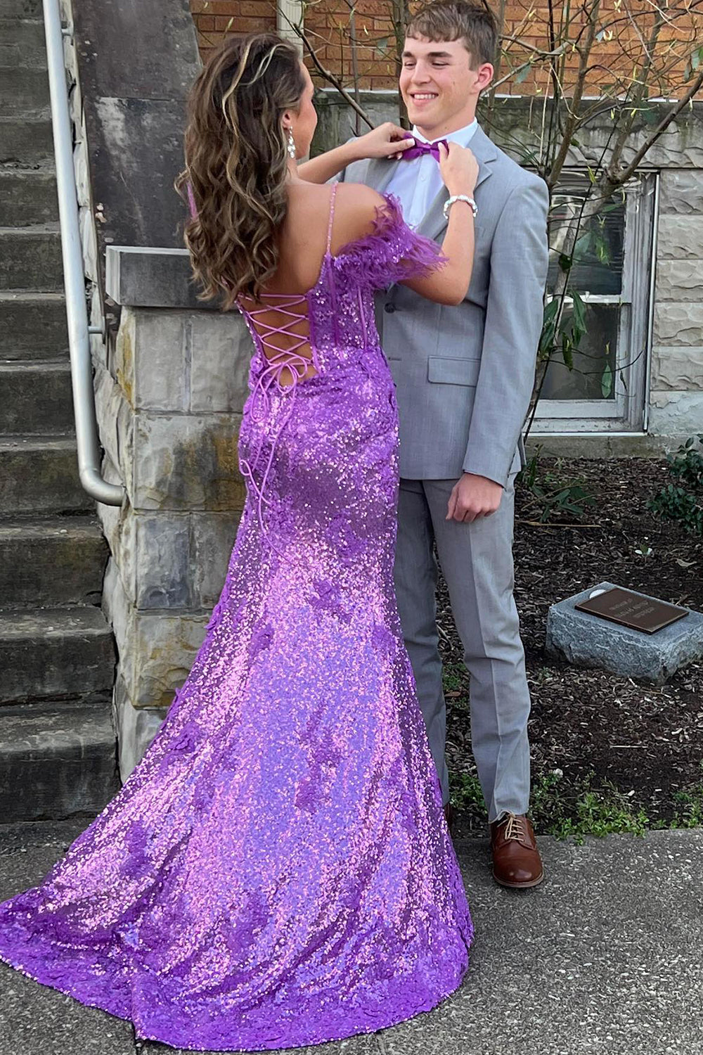 Blue Sequined Long Prom Dress with Feathers and Off-the-Shoulder Sheath