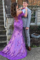 Blue Sequined Long Prom Dress with Feathers and Off-the-Shoulder Sheath