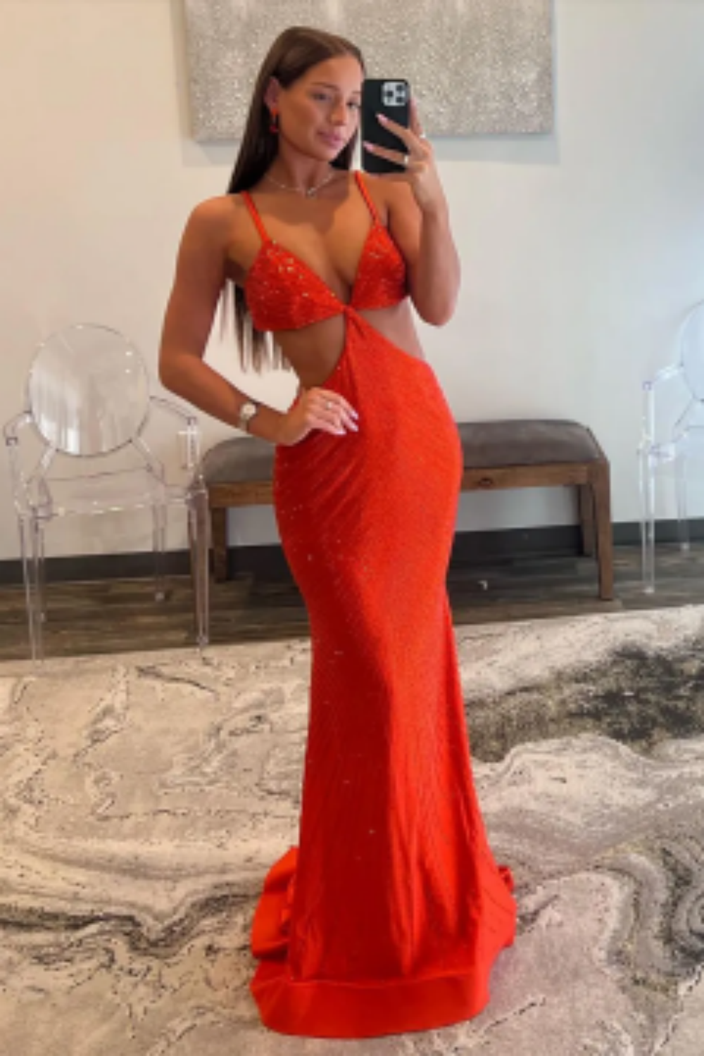 Mermaid Long Prom Dress with Royal Blue Sparkly Spaghetti Straps and Cut-Out