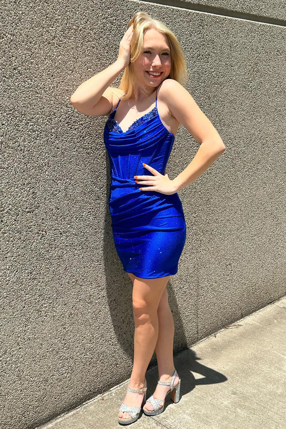 Glitter Navy Beaded Corset Lace-Up Back Tight Short Homecoming Dress/Mini Dress