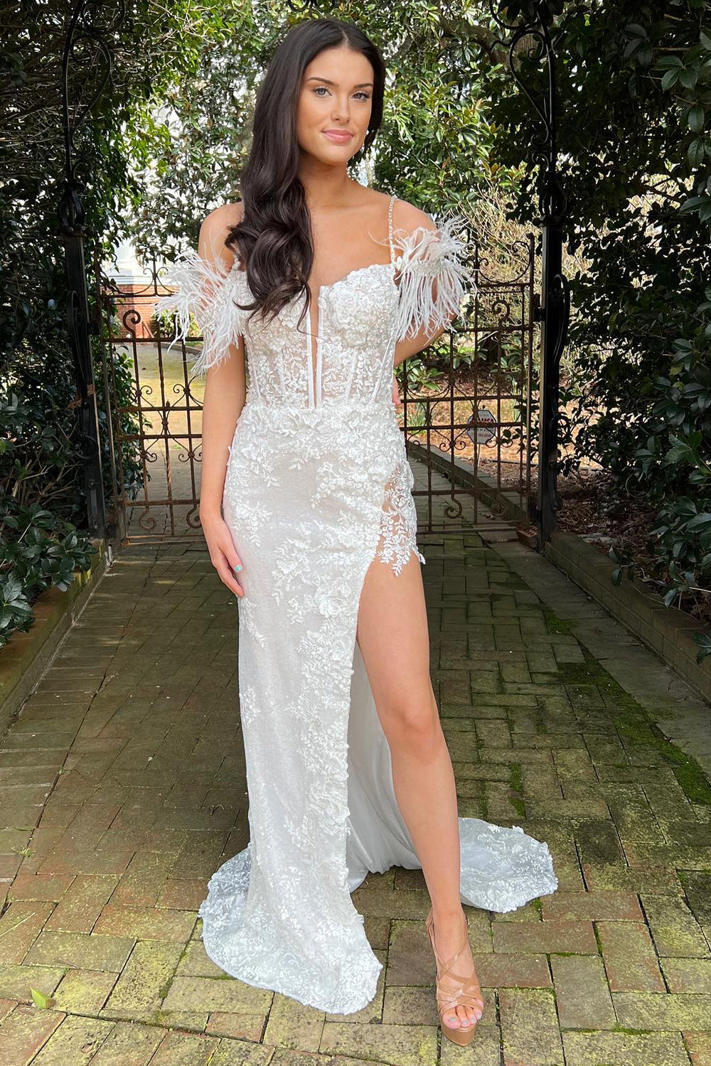 Mermaid Prom Dress with Lavender Appliques and Feathers