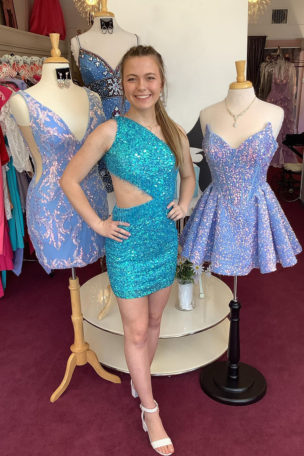 Sparkly Fuchsia Sequins Fringed Cut Out Tight Short Homecoming Dress/Mini Dress