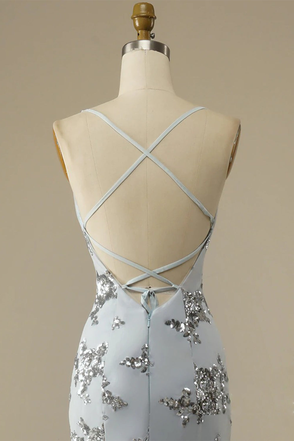 Prom Dress with Spaghetti Straps and Beaded Backless Design