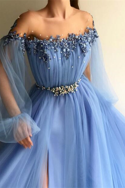 Long Sleeves Off-the-Shoulder Evening Dress With Beads