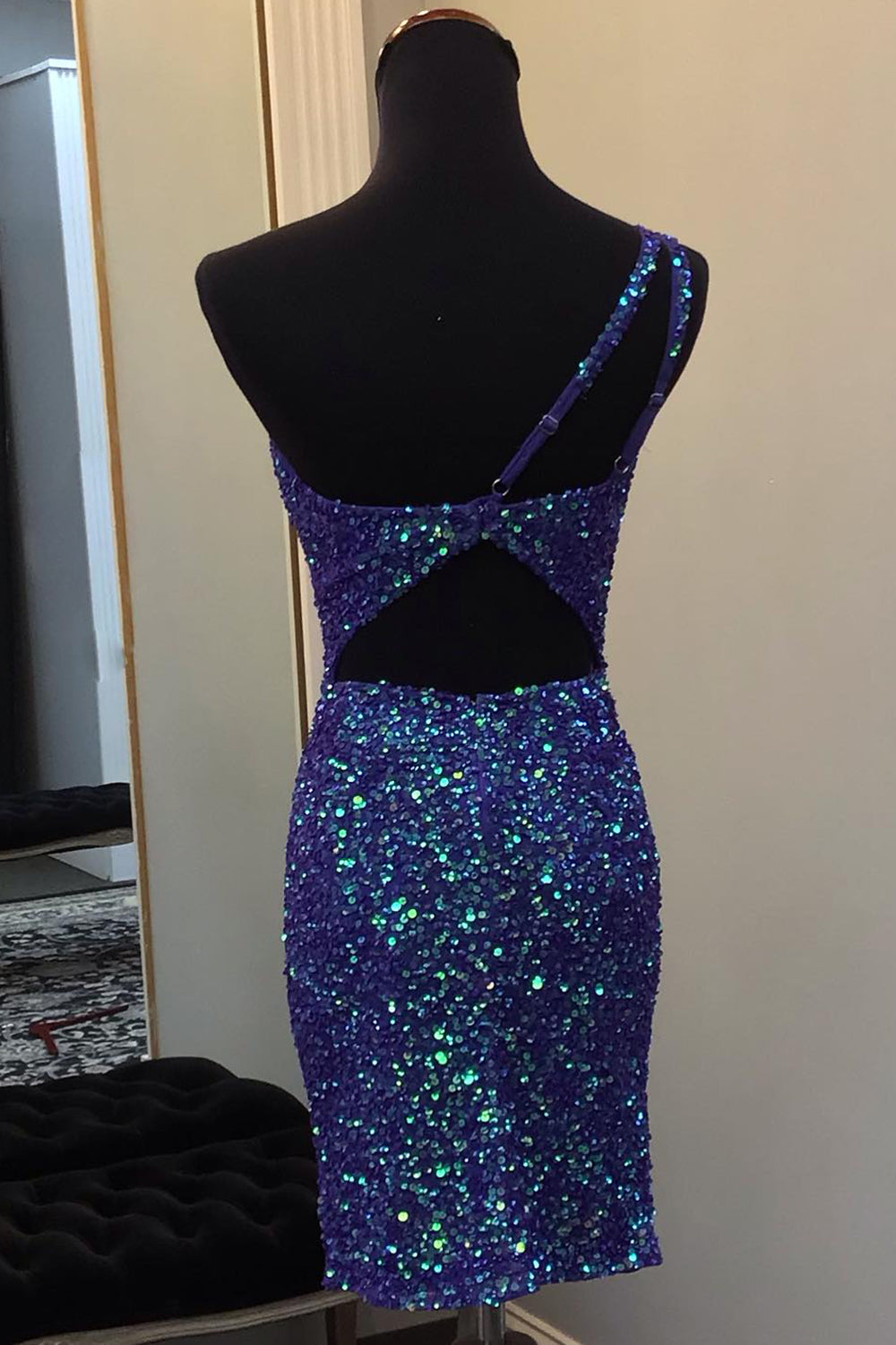Sparkly Dark Blue Sequin Open Back Tight Short Homecoming Dress/Mini Dress
