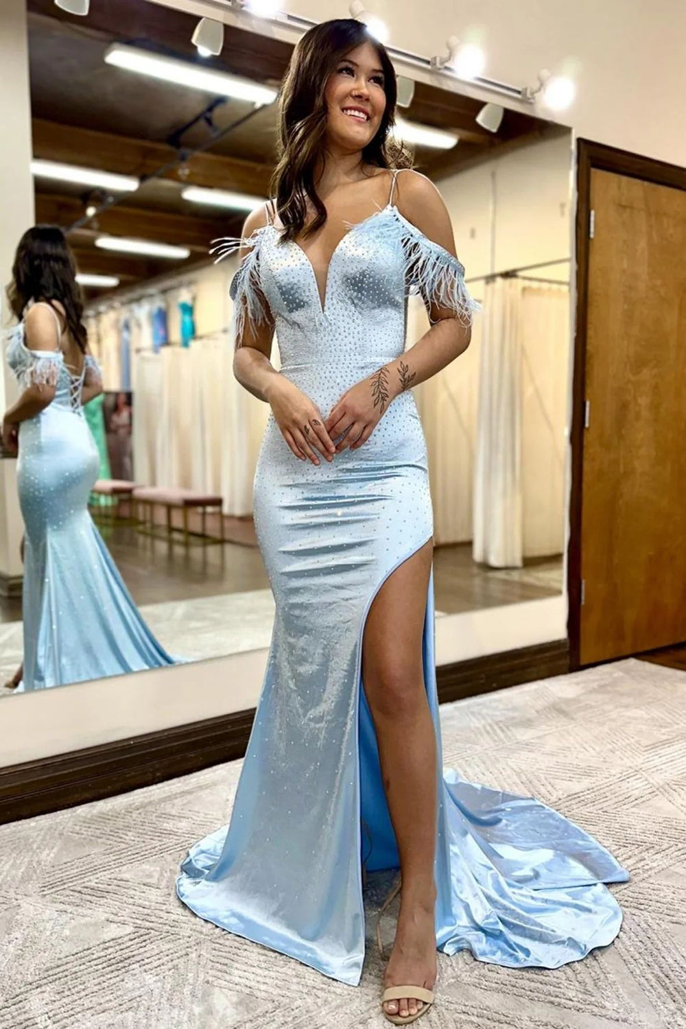 Light Blue Long Mermaid Prom Dress with Criss Cross Back and Off-Shoulder Design
