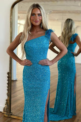 Blue Sequined Long Prom Dress with One Shoulder and Front Split in Mermaid Style