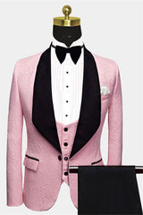 Black Lapel Pink Jacquard for Men Wedding with Three-Piece Suit