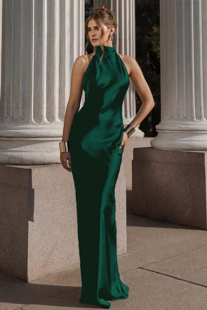 Halter Sleeveless Backless Mermaid Long Formal Dress With Pleated