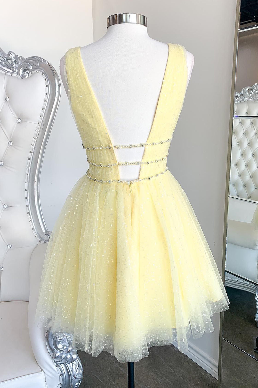 Sparkly Yellow Beaded Sequins A-Line Short Homecoming Dress/Mini Dress