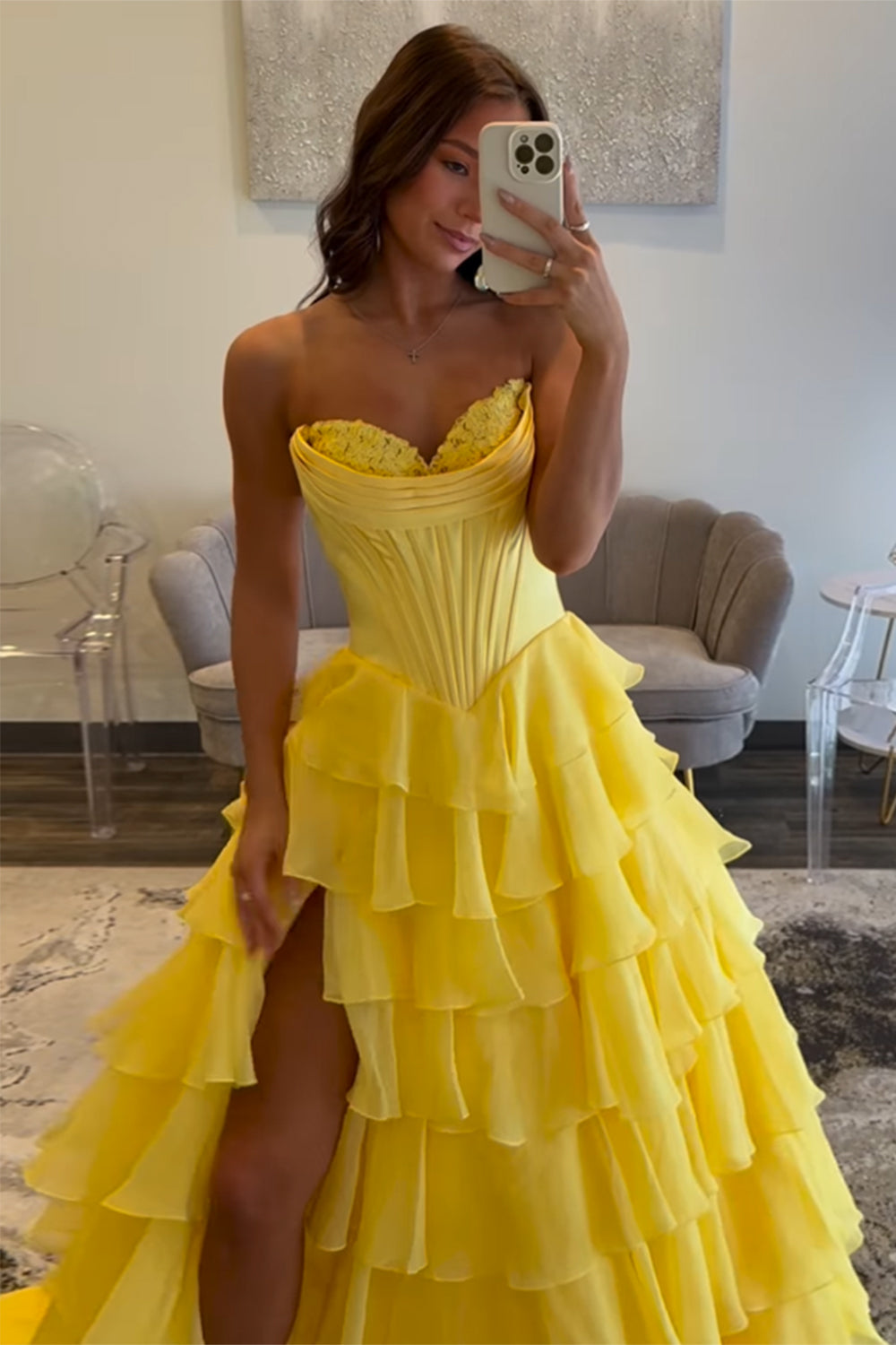Sweetheart Corset A-Line Prom Dress in Fuchsia with Tiered Chiffon and Slit