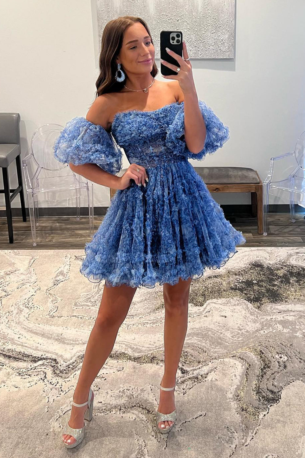 Blue Printed Detachable Sleeves Ruffled Short Homecoming Dress/Mini Dress
