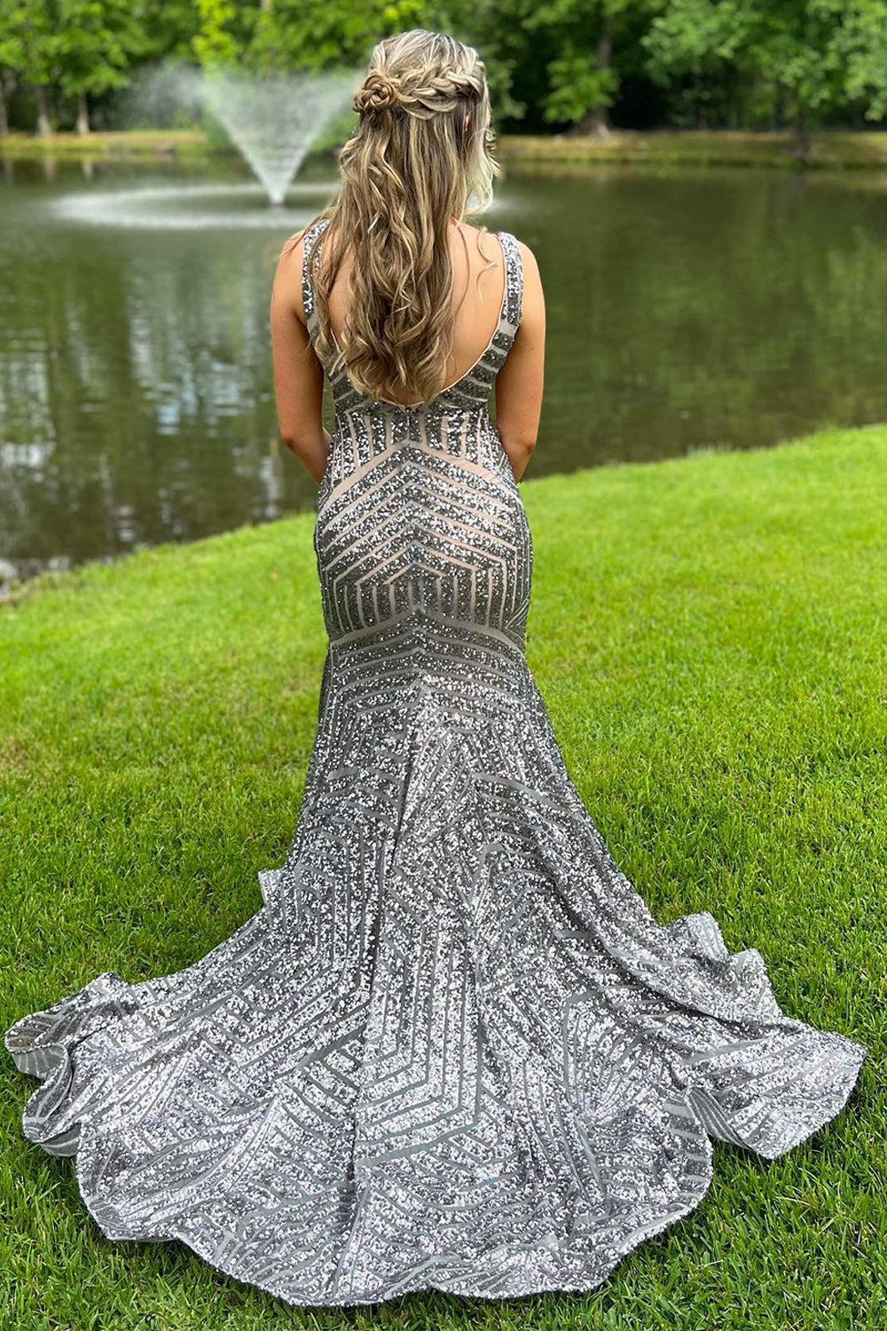 Orange Sequins Long Prom Dress with Deep V Neck and Open Back in Mermaid Style