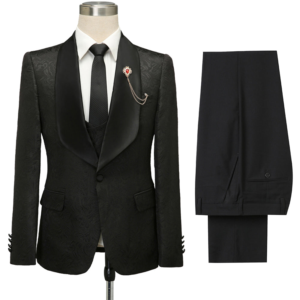 Classic Black Shawl Lapel Jacquard Wedding Suit for Men