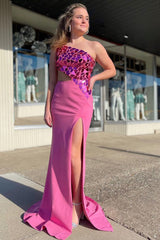 Pink Mermaid Prom Dress with One Shoulder and Front Cut Out Split