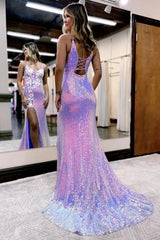 Long Purple Sequined Prom Dress with Mermaid Spaghetti Straps and Front Split