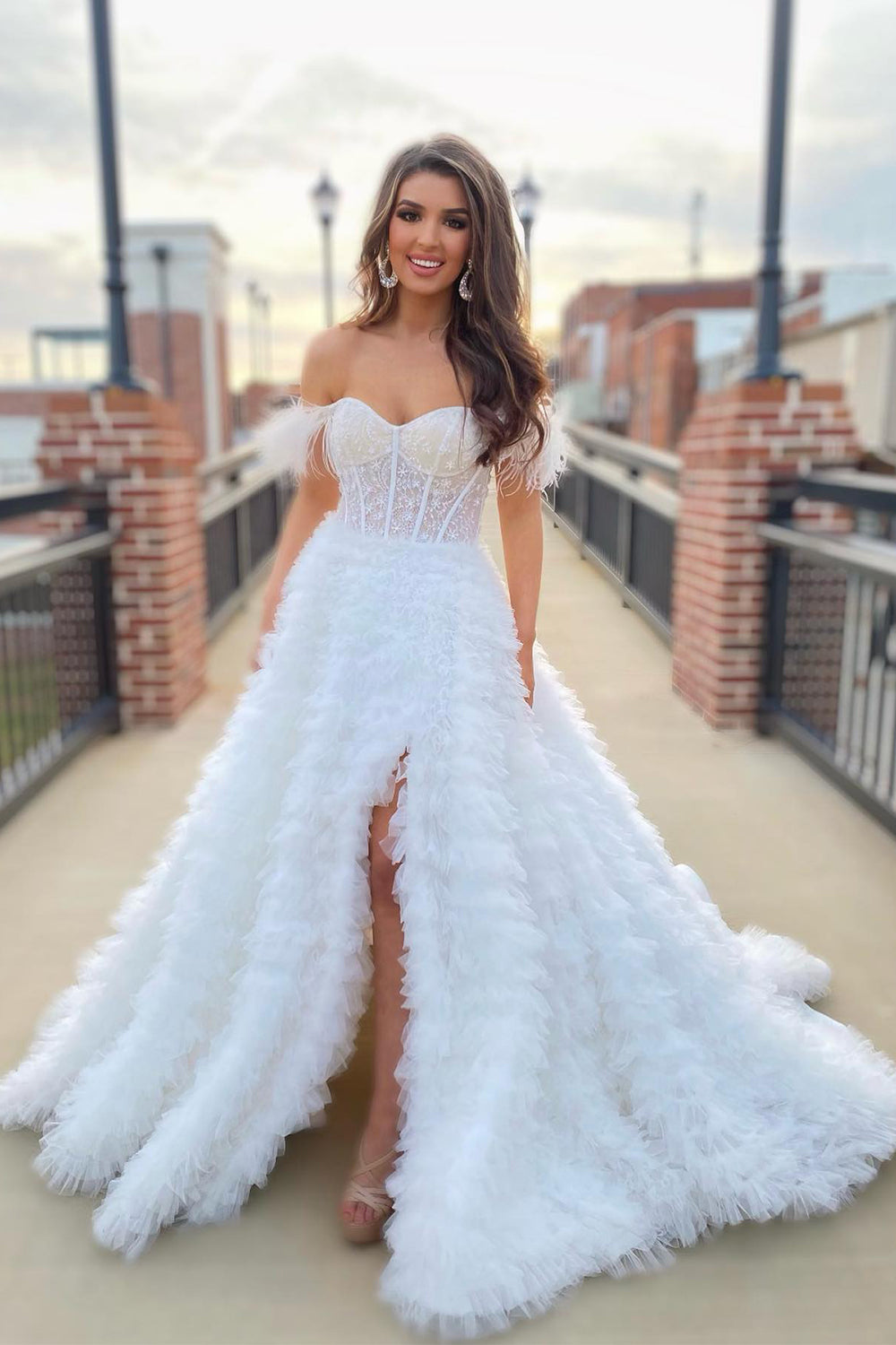 Pink Long Prom Dress with Feathers 鈥?Off-the-Shoulder A-Line Princess Style