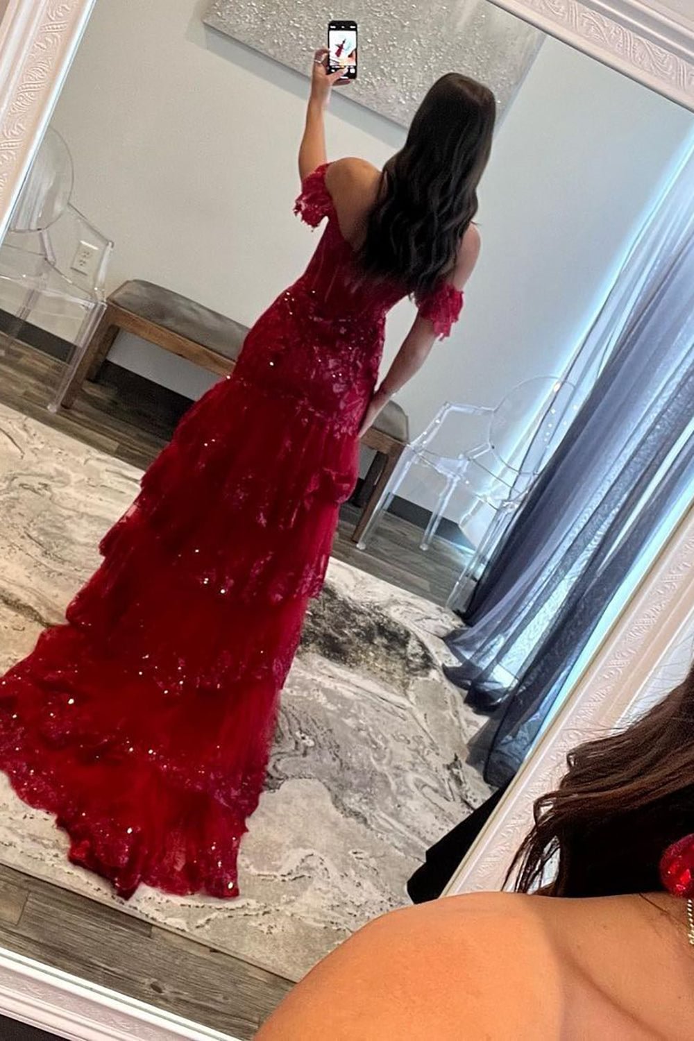 Elegant Navy Mermaid Prom Dress with Off-Shoulder Lace Ruffles