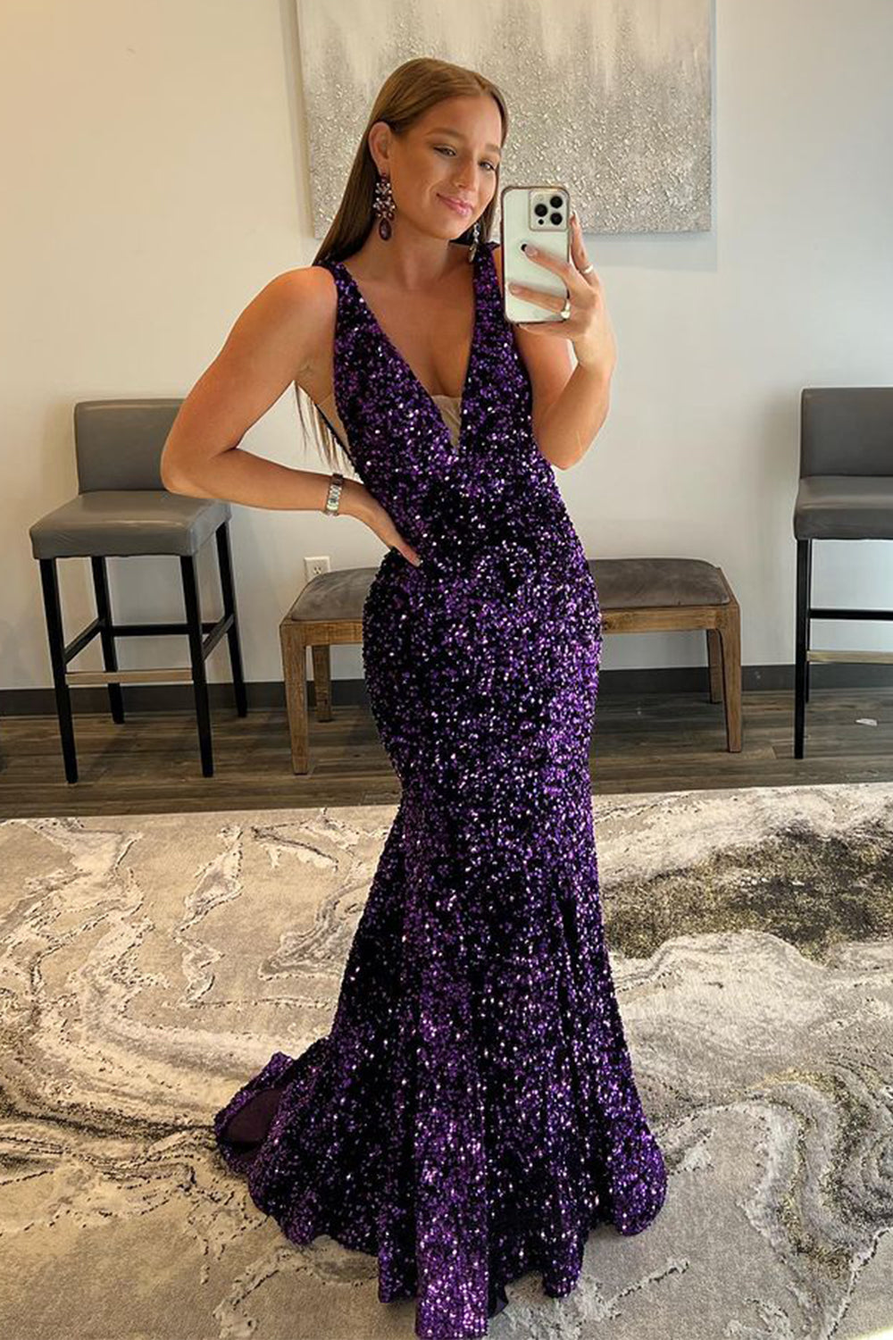 Deep V-Neck Black Mermaid Prom Dress with Sparkly Sequins