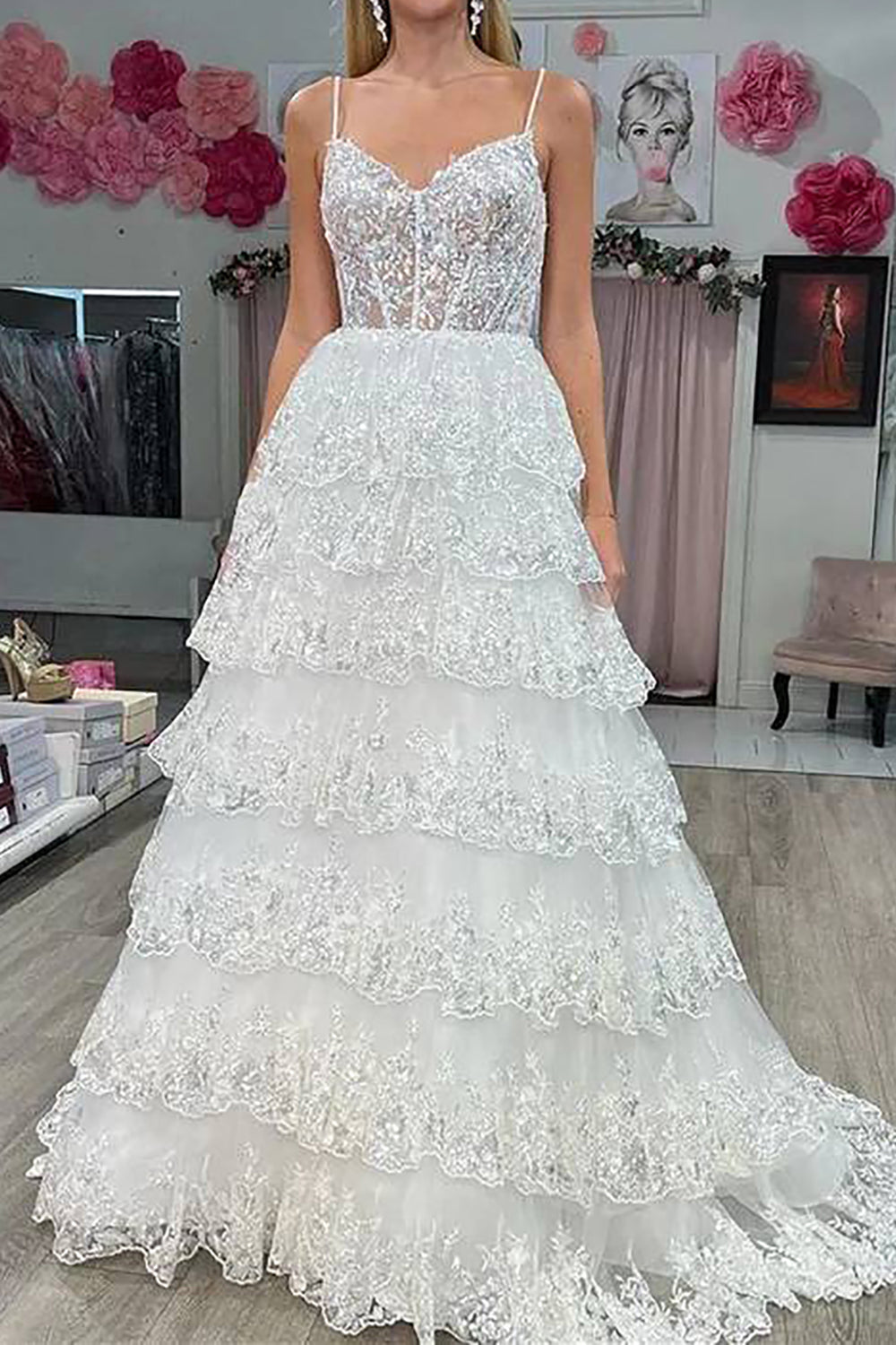 Black Lace Corset Prom Dress with Spaghetti Straps and Ruffles