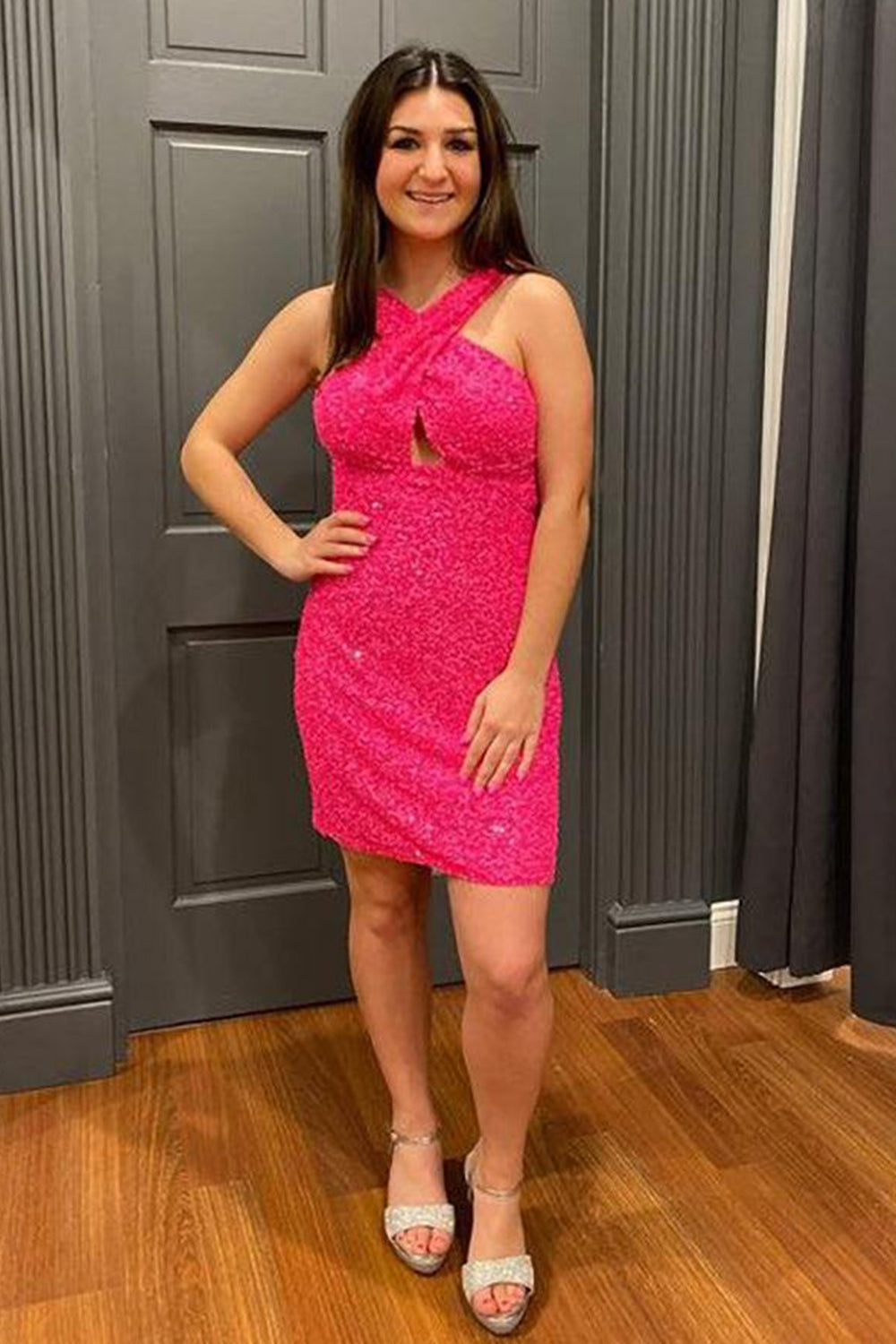 Glitter Royal Blue Halter Backless Sequins Tight Homecoming Dress/Mini Dress
