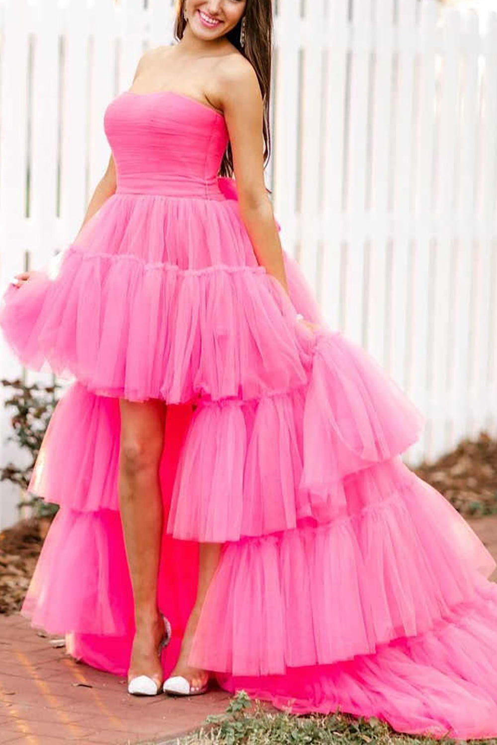 Elegant Fuchsia Prom Dress with High Low Hem and Ruffled Strapless Design