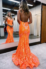 Long Prom Dress with Sparkly Orange Mermaid Sequins