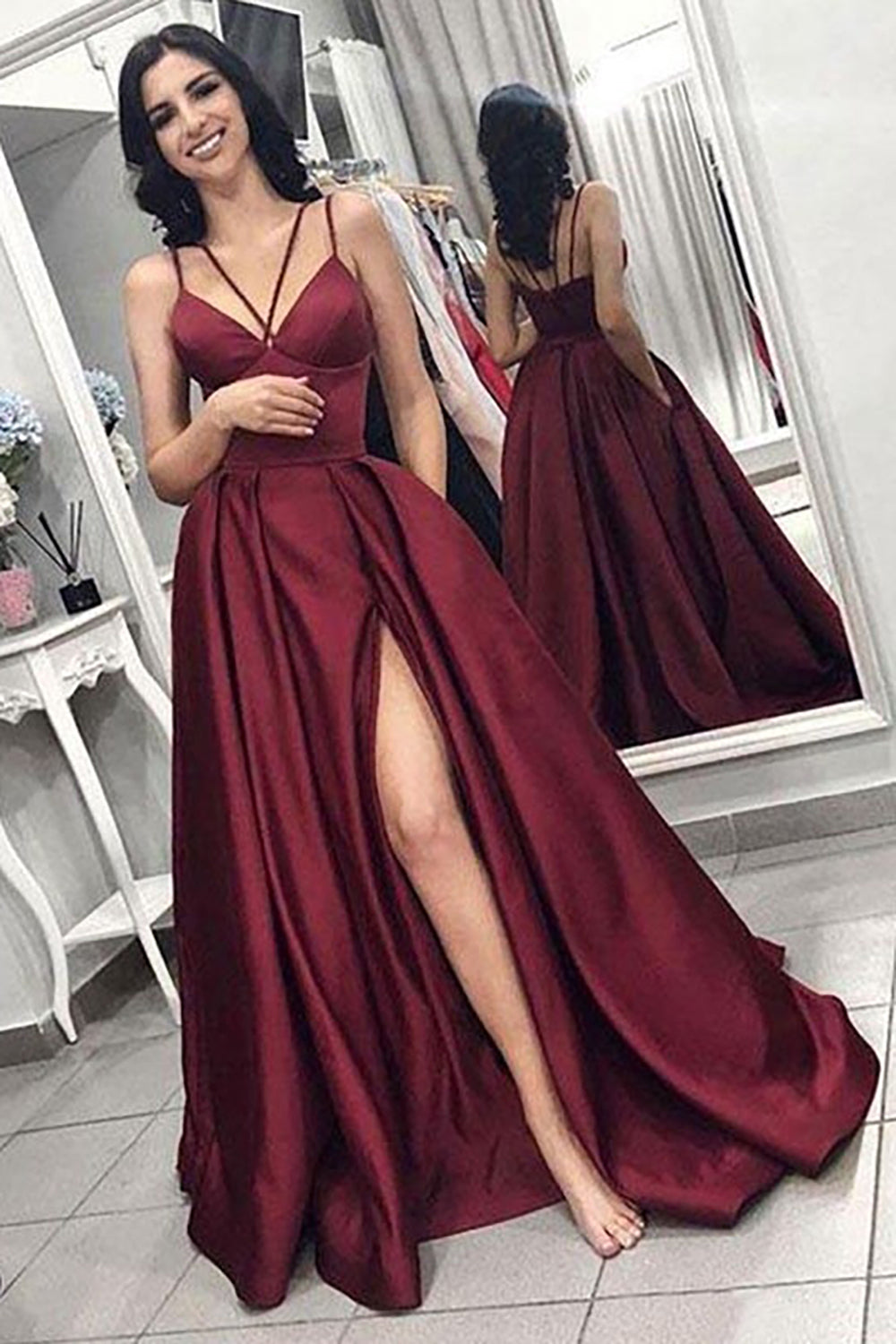 Burgundy Spaghetti Strap A-Line Prom Gown with Slit