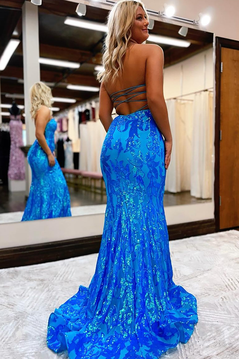 Long Sweetheart Prom Dress in Sparkly Mermaid Blue with Open Back and Sequins