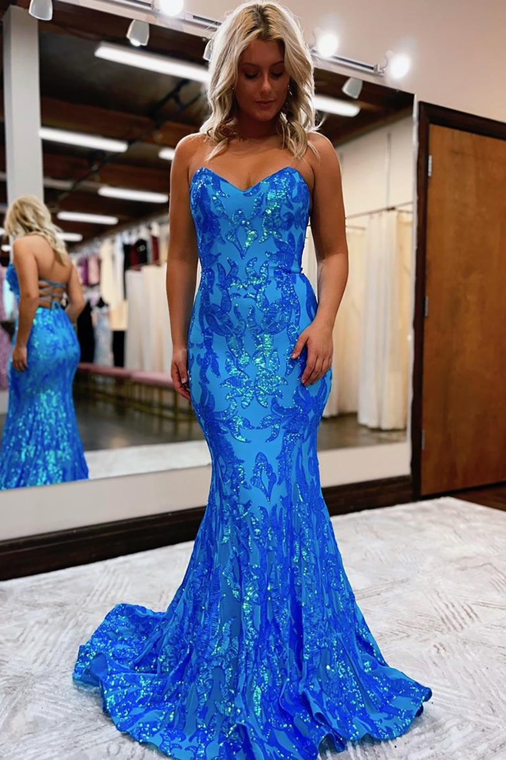 Long Sweetheart Prom Dress in Sparkly Mermaid Blue with Open Back and Sequins