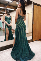 Black Mermaid Prom Dress with Beading and Glitter Spaghetti Straps