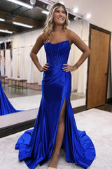 Elegant Royal Blue Sweetheart Mermaid Corset Prom Gown in Satin with Slit
