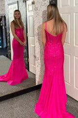 Long Fuchsia Mermaid Prom Dress with Glitter Beading and Spaghetti Straps