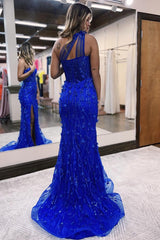 Elegant One-Shoulder Mermaid Prom Dress in Royal Blue with Tulle and Appliques