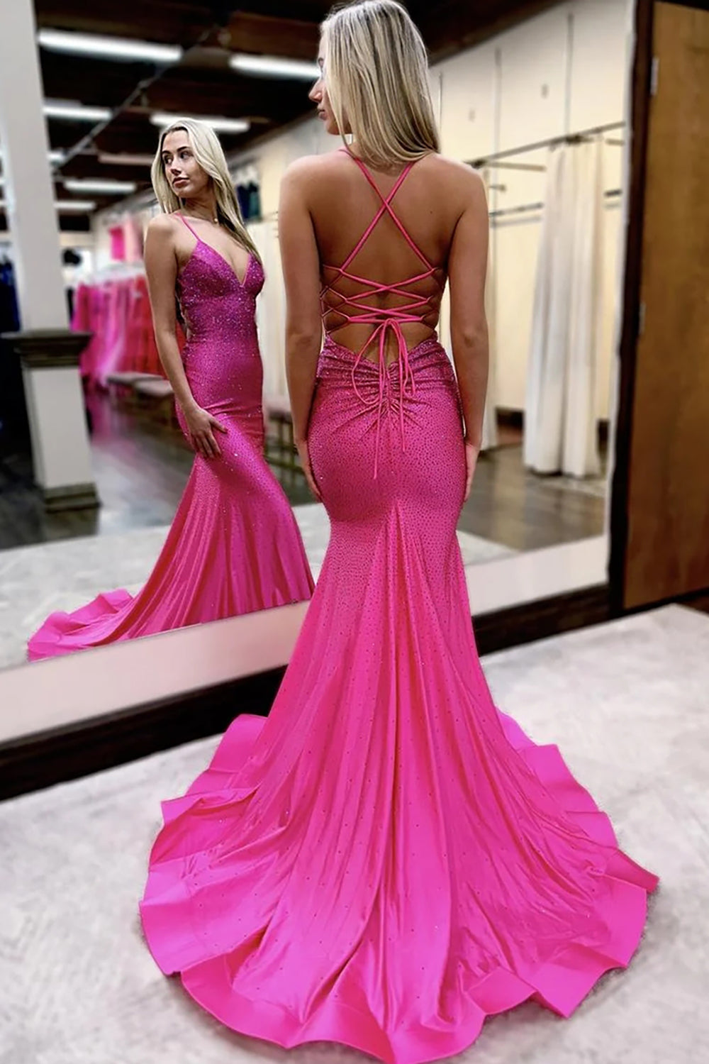 Long Mermaid Prom Dress with Red Spaghetti Straps and Beading